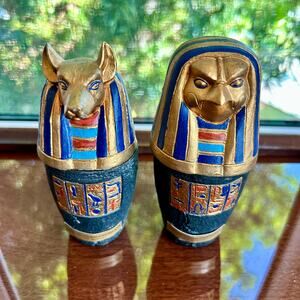 Set of 2 Vintage Egyptian Style Canopic Jars – “The Ten Commandments” Souvenir